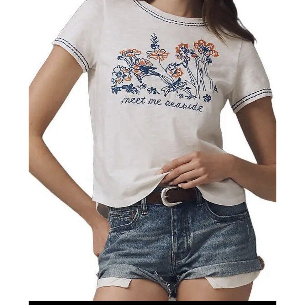 Pilcro Anthropologie The Bennie Slim Crew Neck Cotton-Slub Embroidered Tee Top S